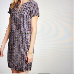 Ann Taylor blue multi color tweed fringe shift dress size 8.